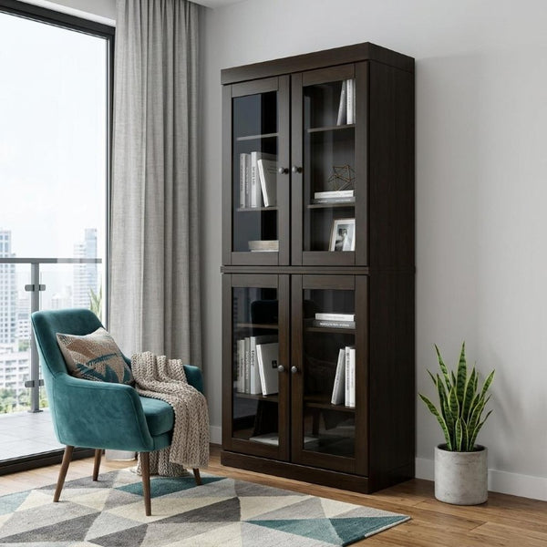 72 Inch Espresso Solid Wood Six Shelf Adjustable Bookcase with Four Cabinet Doors