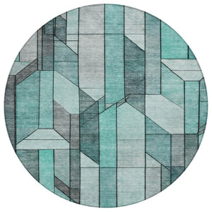 HomeRoots 8 Foot Round Geometric Polyester Area Rug Aqua Teal Washable for Indoor Outdoor 745704