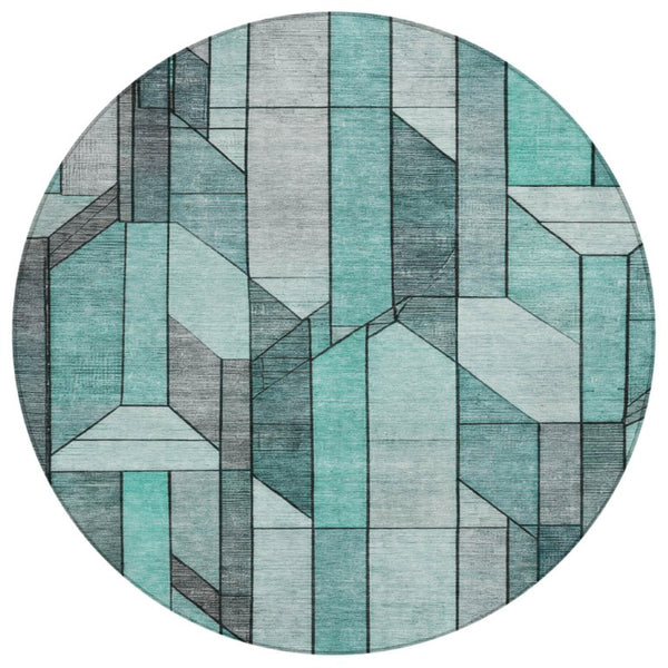 HomeRoots 8 Foot Round Geometric Polyester Area Rug Aqua Teal Washable for Indoor Outdoor 745704