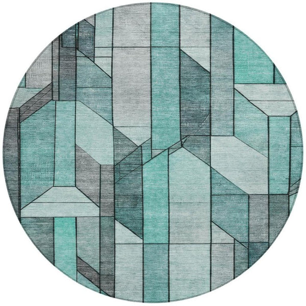 8 Foot Round Geometric Polyester Area Rug Aqua Teal Washable for Indoor Outdoor