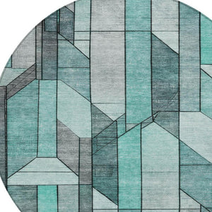 8 Foot Round Geometric Polyester Area Rug Aqua Teal Washable for Indoor Outdoor