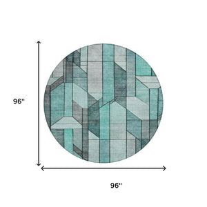 8 Foot Round Geometric Polyester Area Rug Aqua Teal Washable for Indoor Outdoor