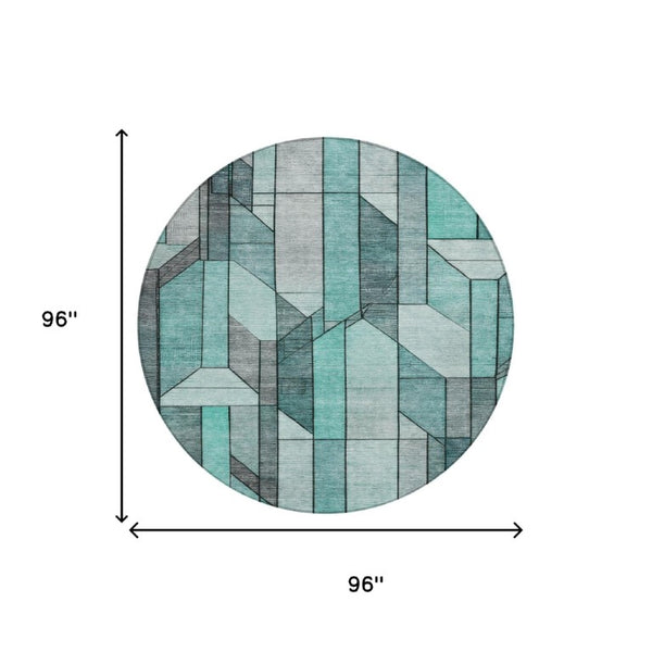 8 Foot Round Geometric Polyester Area Rug Aqua Teal Washable for Indoor Outdoor