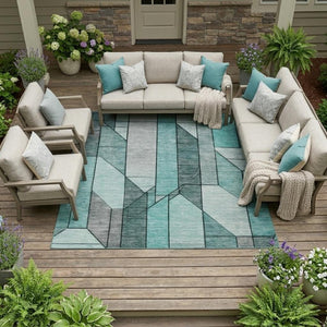 10 Ft X 14 Ft Aqua Teal Geometric Polyester Washable Indoor Outdoor Area Rug