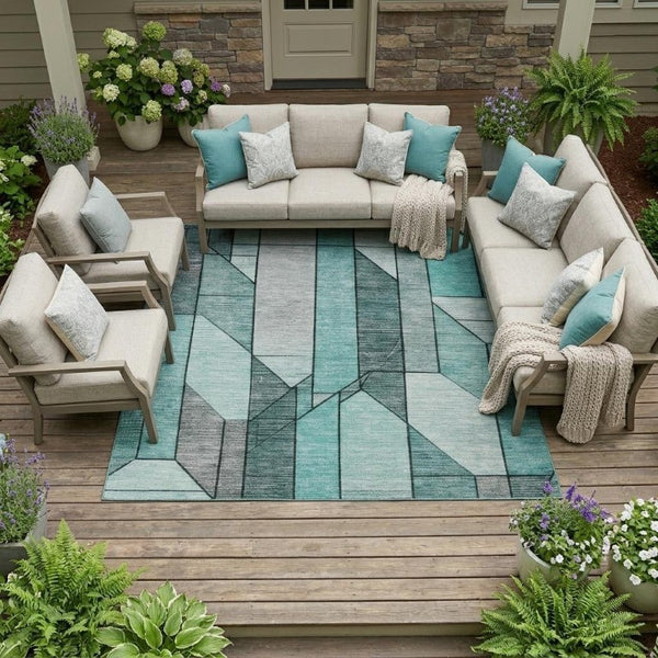 10 Ft X 14 Ft Aqua Teal Geometric Polyester Washable Indoor Outdoor Area Rug