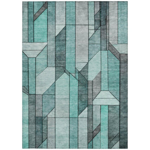 10 Ft X 14 Ft Aqua Teal Geometric Polyester Washable Indoor Outdoor Area Rug
