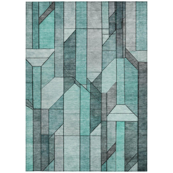 10 Ft X 14 Ft Aqua Teal Geometric Polyester Washable Indoor Outdoor Area Rug