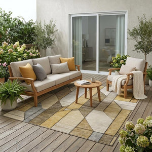5x8 Geometric Polyester Area Rug Washable Stain Resistant Indoor Outdoor Brown Beige