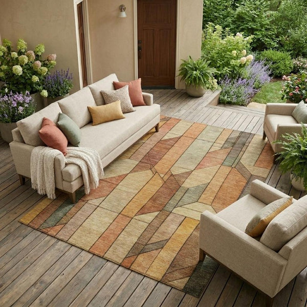 9x12 Copper Orange Geometric Polyester Area Rug Washable for Indoor Outdoor Use
