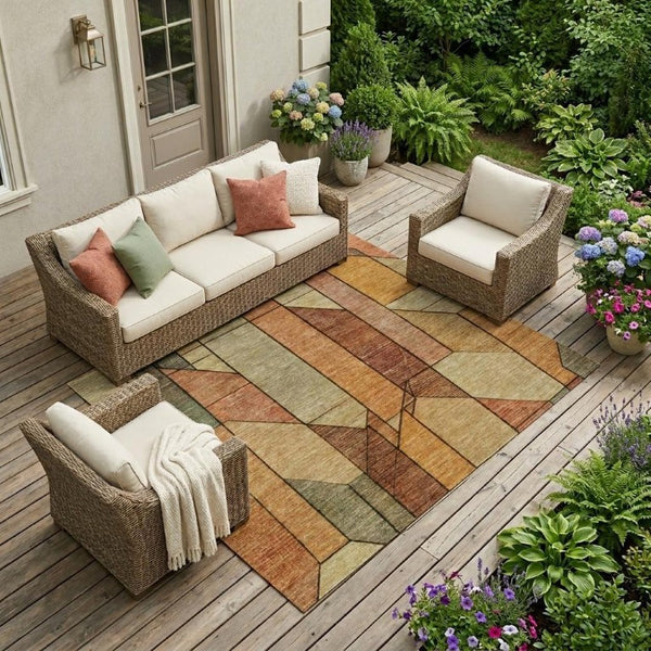 10 Ft Geometric Polyester Area Rug in Copper Tones Stain Resistant for Patio or Living Room