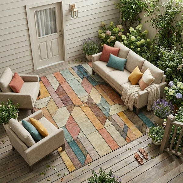 9 X 12 Coral Orange Geometric Polyester Area Rug Washable for Patio or Living Room