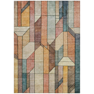 9 X 12 Coral Orange Geometric Polyester Area Rug Washable for Patio or Living Room