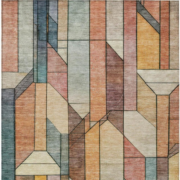 9 X 12 Coral Orange Geometric Polyester Area Rug Washable for Patio or Living Room