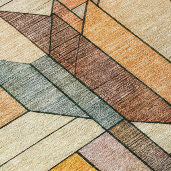 9 X 12 Coral Orange Geometric Polyester Area Rug Washable for Patio or Living Room