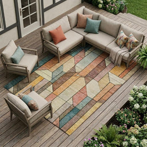 10 X 14 Coral Orange Geometric Polyester Area Rug Washable Indoor Outdoor Patio