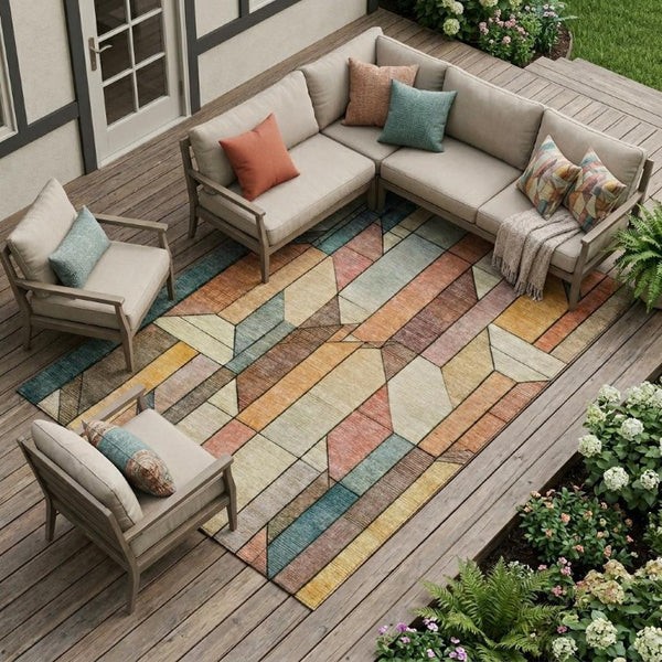 10 X 14 Coral Orange Geometric Polyester Area Rug Washable Indoor Outdoor Patio
