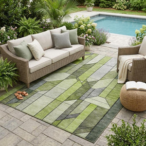 5 X 8 Green Geometric Polyester Area Rug Washable for Indoor Outdoor Spaces