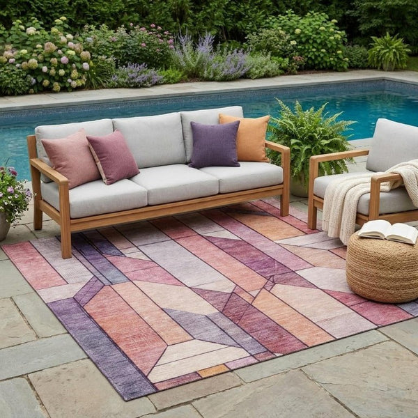 5x8 Pink Mauve Geometric Polyester Area Rug Washable Stain Resistant Indoor Outdoor