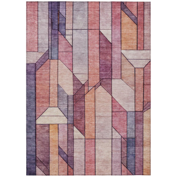 HomeRoots 5x8 Pink Mauve Geometric Polyester Area Rug Washable Stain Resistant Indoor Outdoor 745745