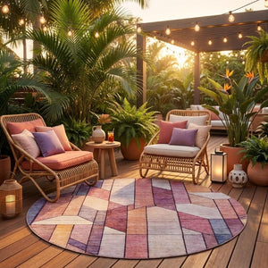 8 Ft Round Geometric Polyester Area Rug in Pink Mauve Washable for Indoor Outdoor Use