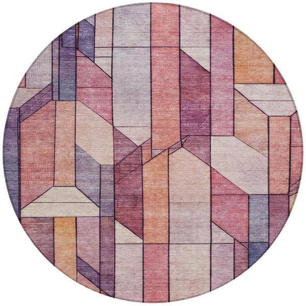 HomeRoots 8 Ft Round Geometric Polyester Area Rug in Pink Mauve Washable for Indoor Outdoor Use 745746