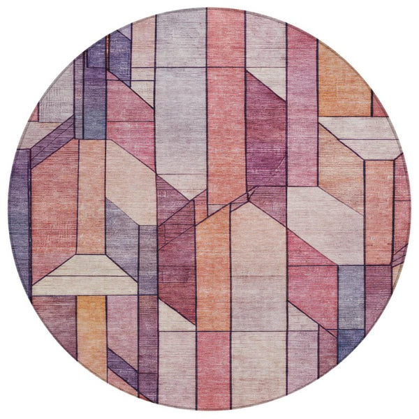 8 Ft Round Geometric Polyester Area Rug in Pink Mauve Washable for Indoor Outdoor Use