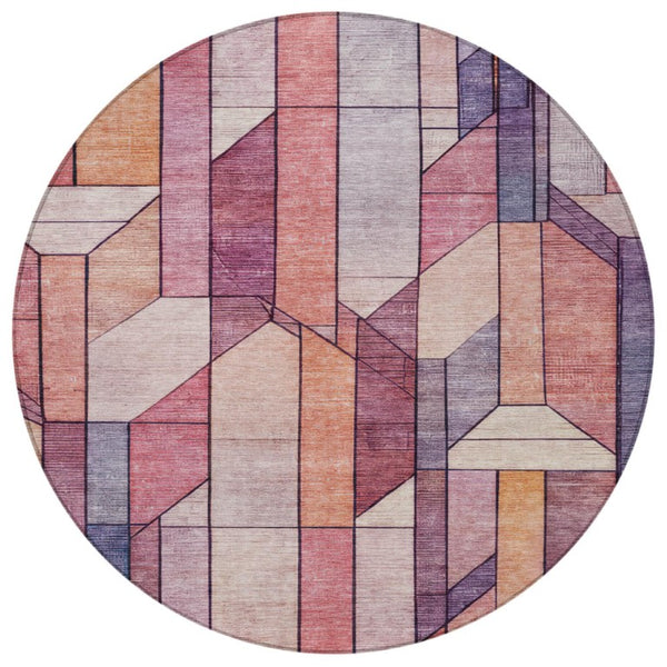 8 Ft Round Geometric Polyester Area Rug in Pink Mauve Washable for Indoor Outdoor Use