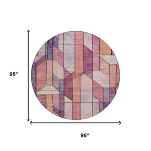 8 Ft Round Geometric Polyester Area Rug in Pink Mauve Washable for Indoor Outdoor Use