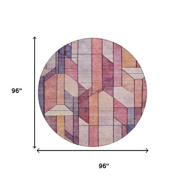 8 Ft Round Geometric Polyester Area Rug in Pink Mauve Washable for Indoor Outdoor Use