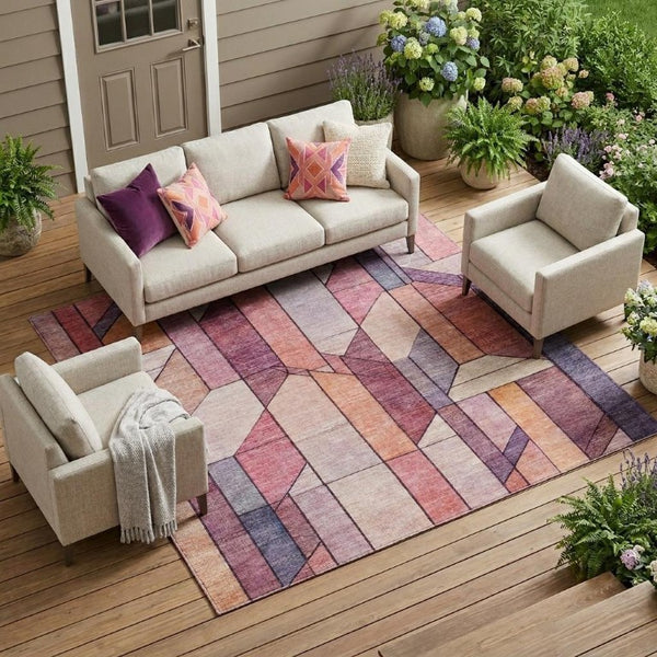 9 X 12 Pink Mauve Geometric Polyester Area Rug Washable for Patio or Living Room