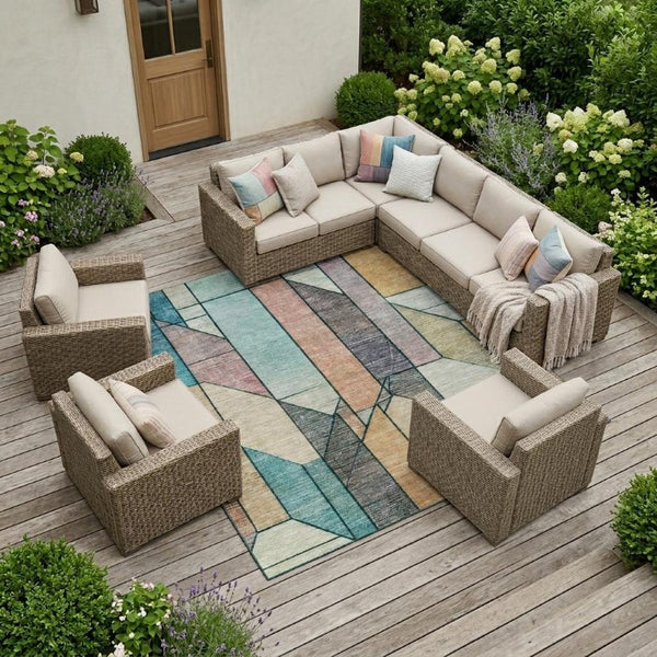 9x12 Teal Gray Geometric Polyester Area Rug Washable for Patio Porch or Living Room