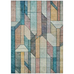 HomeRoots 9x12 Teal Gray Geometric Polyester Area Rug Washable for Patio Porch or Living Room 745754