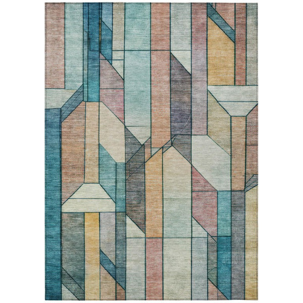 HomeRoots 9x12 Teal Gray Geometric Polyester Area Rug Washable for Patio Porch or Living Room 745754