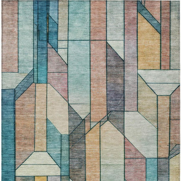 9x12 Teal Gray Geometric Polyester Area Rug Washable for Patio Porch or Living Room