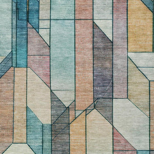 9x12 Teal Gray Geometric Polyester Area Rug Washable for Patio Porch or Living Room