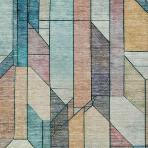 9x12 Teal Gray Geometric Polyester Area Rug Washable for Patio Porch or Living Room