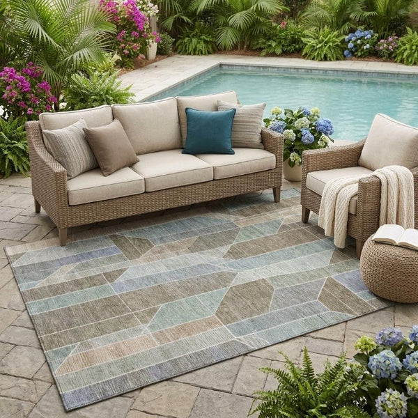 5x8 Taupe Brown Geometric Polyester Area Rug Stain Resistant Indoor Outdoor Use