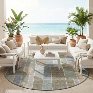 8 Foot Round Geometric Polyester Area Rug Washable and Stain Resistant for Patio