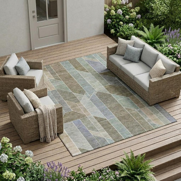 8 Ft X 10 Ft Taupe Brown Geometric Polyester Washable Rug for Indoor Outdoor Use