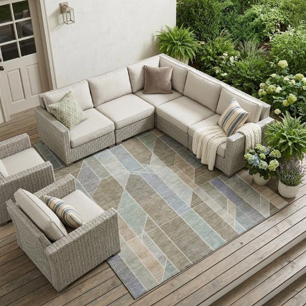10 X 14 Taupe Brown Geometric Polyester Area Rug Washable Stain Resistant Patio