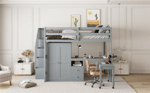 English Elm Queen Murphy Bed with Integrated Desk Cabinet Shelves Space Saving Studio Solution Gray N708S00014E