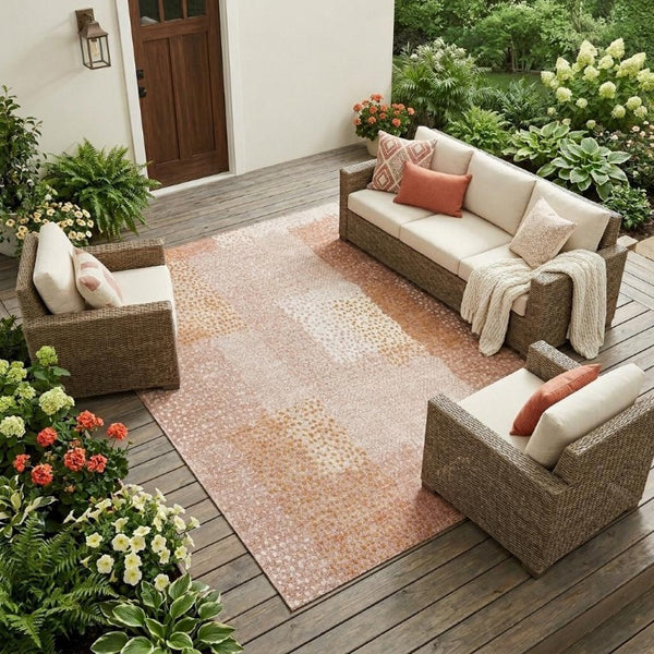 9 X 12 Coral Orange Abstract Polyester Area Rug Stain Resistant Indoor Outdoor