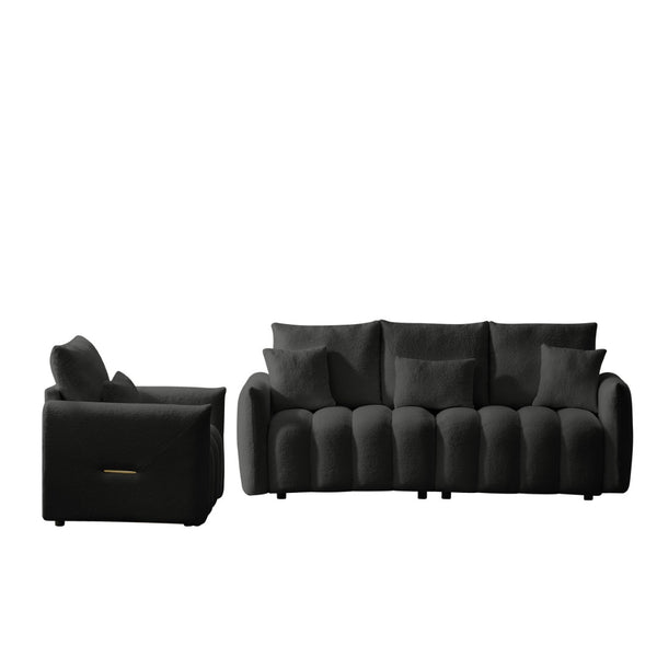 English Elm 80.7 Inch Plush Teddy Velvet 3 Seat Sofa Solid Wood Frame with Six Included Cushions Black W2564S00067