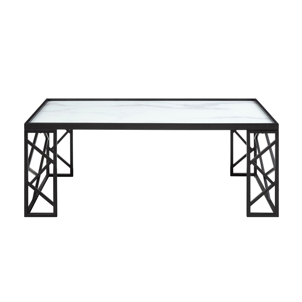 English Elm Occasional Astral 3pc Table Set - White Marble Tempered Glass Tops with Black Metal Geometric Frame B011P297568