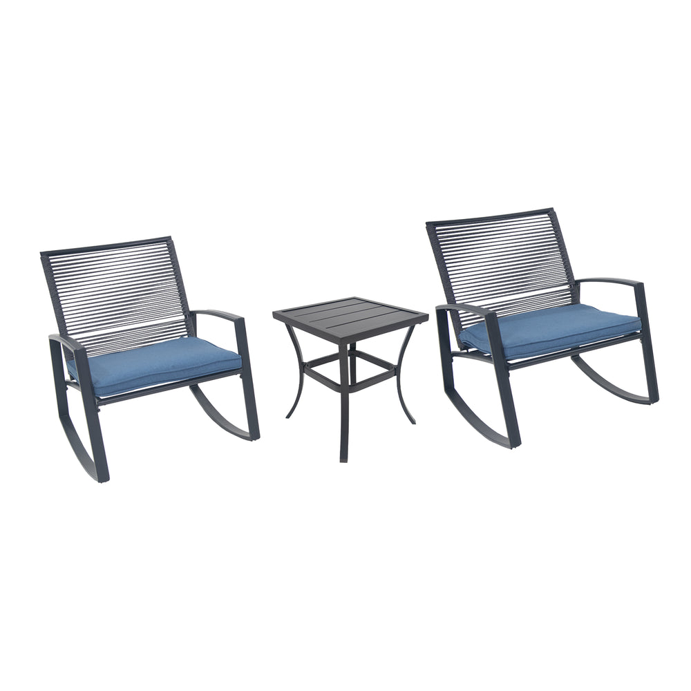 English Elm 2-person Weatherproof Outdoor Bistro Rocking Set with Table, Rust-Proof Metal, Removable Cushions Blue W1859P359942