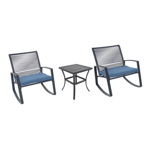 English Elm 2-person Weatherproof Outdoor Bistro Rocking Set with Table, Rust-Proof Metal, Removable Cushions Blue W1859P359942