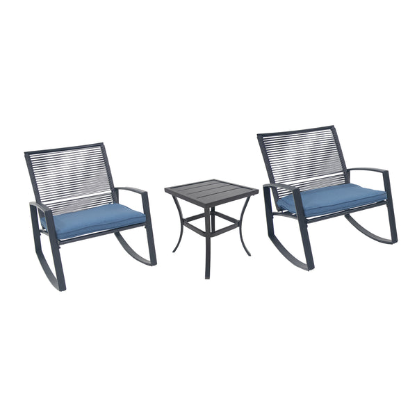 English Elm 2-person Weatherproof Outdoor Bistro Rocking Set with Table, Rust-Proof Metal, Removable Cushions Blue W1859P359942