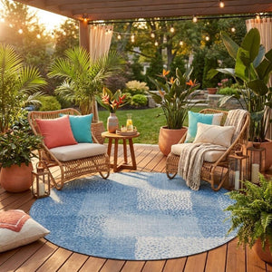 8 Ft Round Abstract Polyester Area Rug Washable for Patio Porch Poolside or Family Room