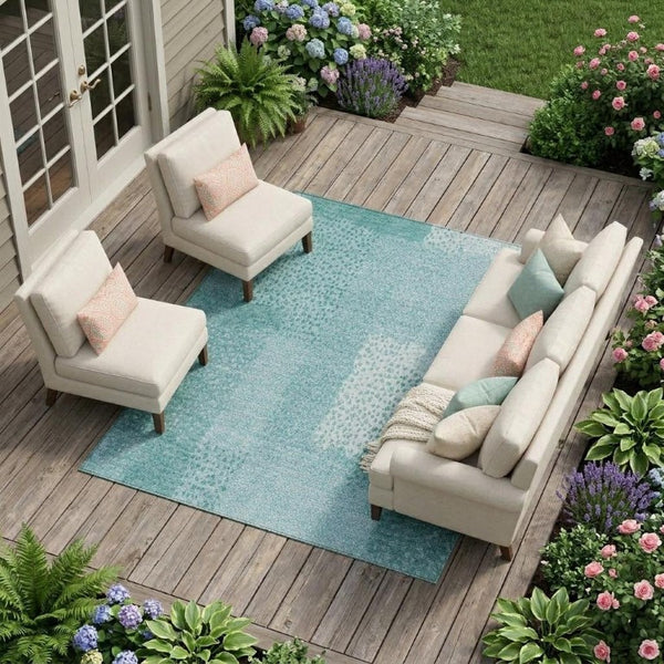 9 X 12 Turquoise Abstract Polyester Area Rug Washable for Patio Porch or Living Room