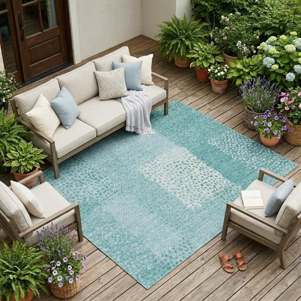 10 X 14 Turquoise Abstract Polyester Area Rug Washable for Indoor Outdoor Use